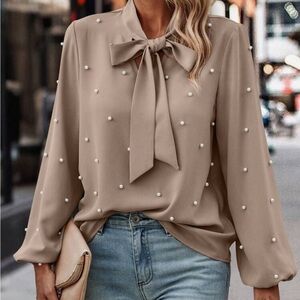 SHEIN Taupe Pearl-Studded Blouse
